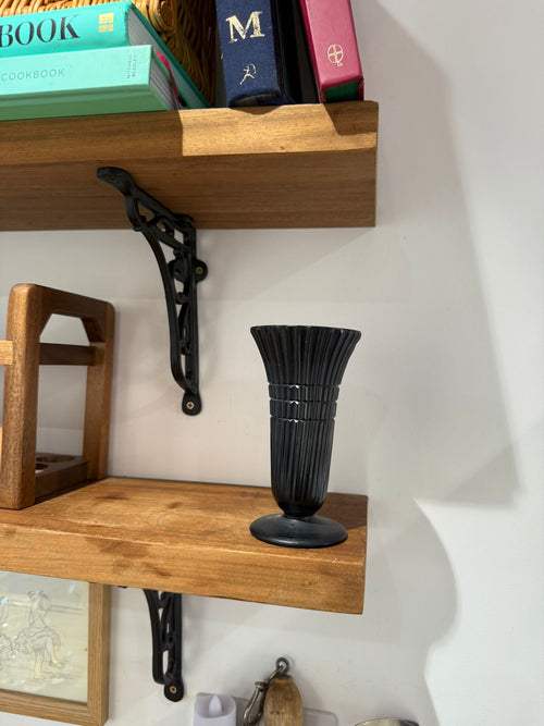 Black Ribbed Glass Vase with Pedestal Base – Art Deco Style