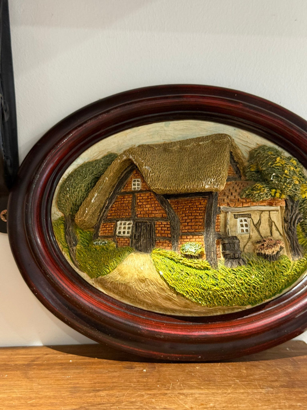 Vintage Hand Painted Cottage Relief Wall Plaque in Oval Wood Frame