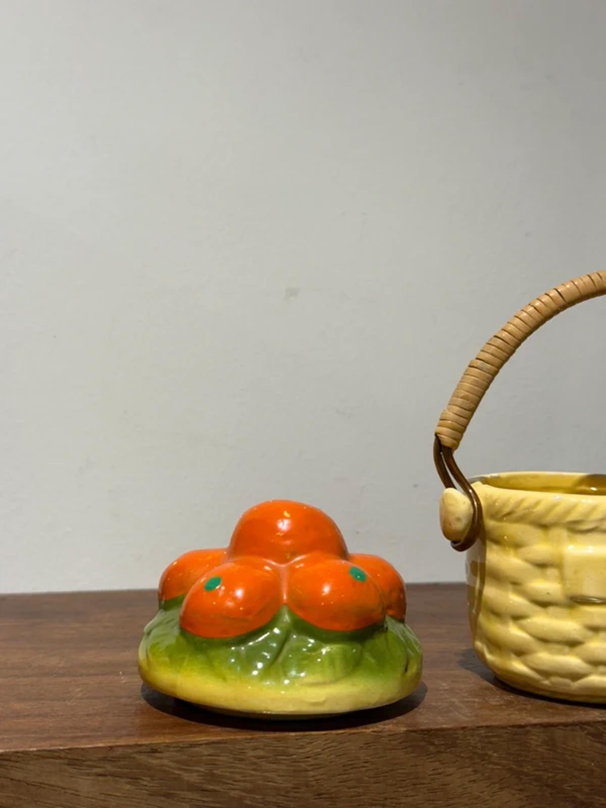 Vintage oranges kitchen decor, food storage jar, sugar bowl, jam jar one of a kind lided pot