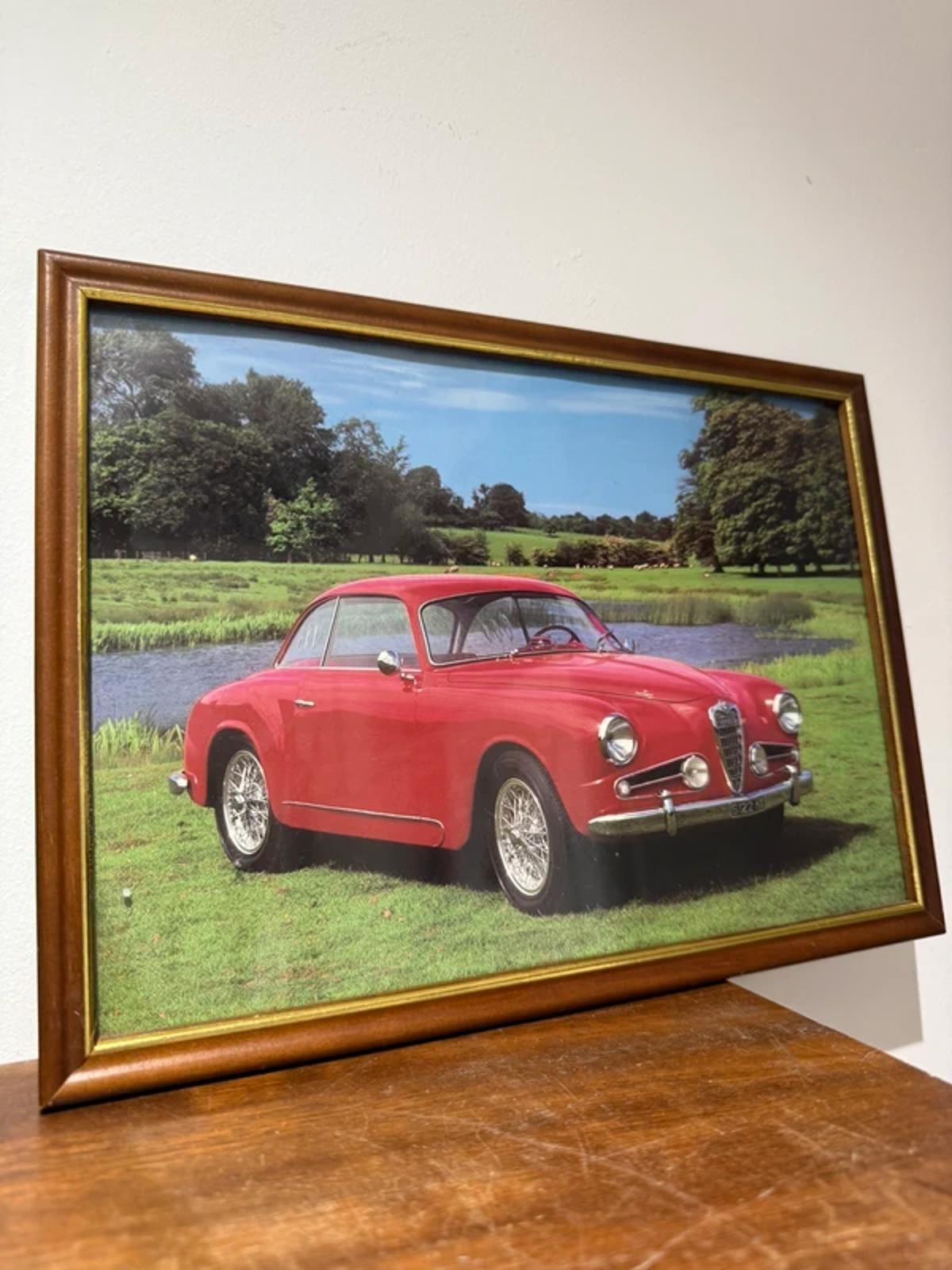 Vintage reclined framed artwork, red sports car country home decor
