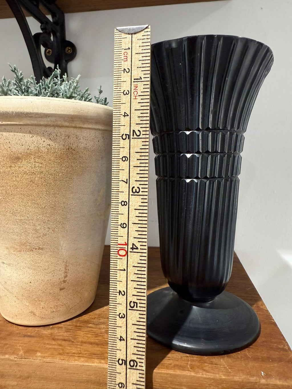 Black Ribbed Glass Vase with Pedestal Base – Art Deco Style