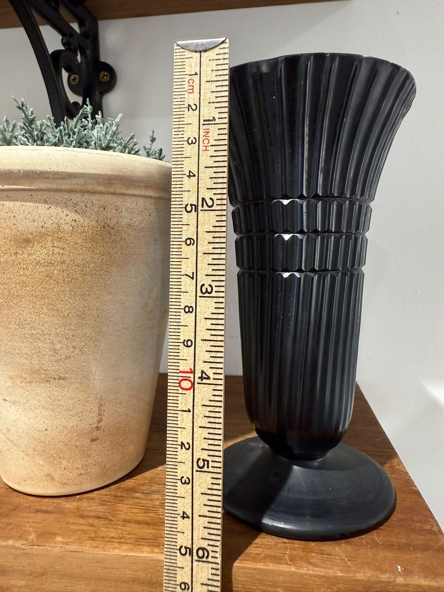Black Ribbed Glass Vase with Pedestal Base – Art Deco Style