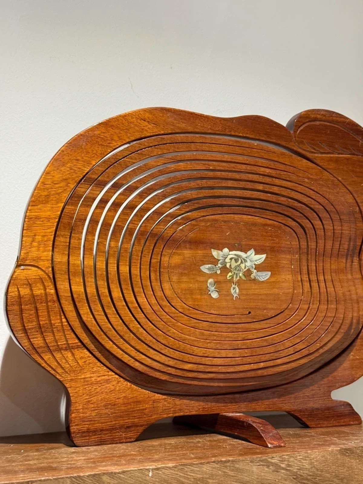 vintage hand-carved wooden collapsible basket shaped rabbit  hare.