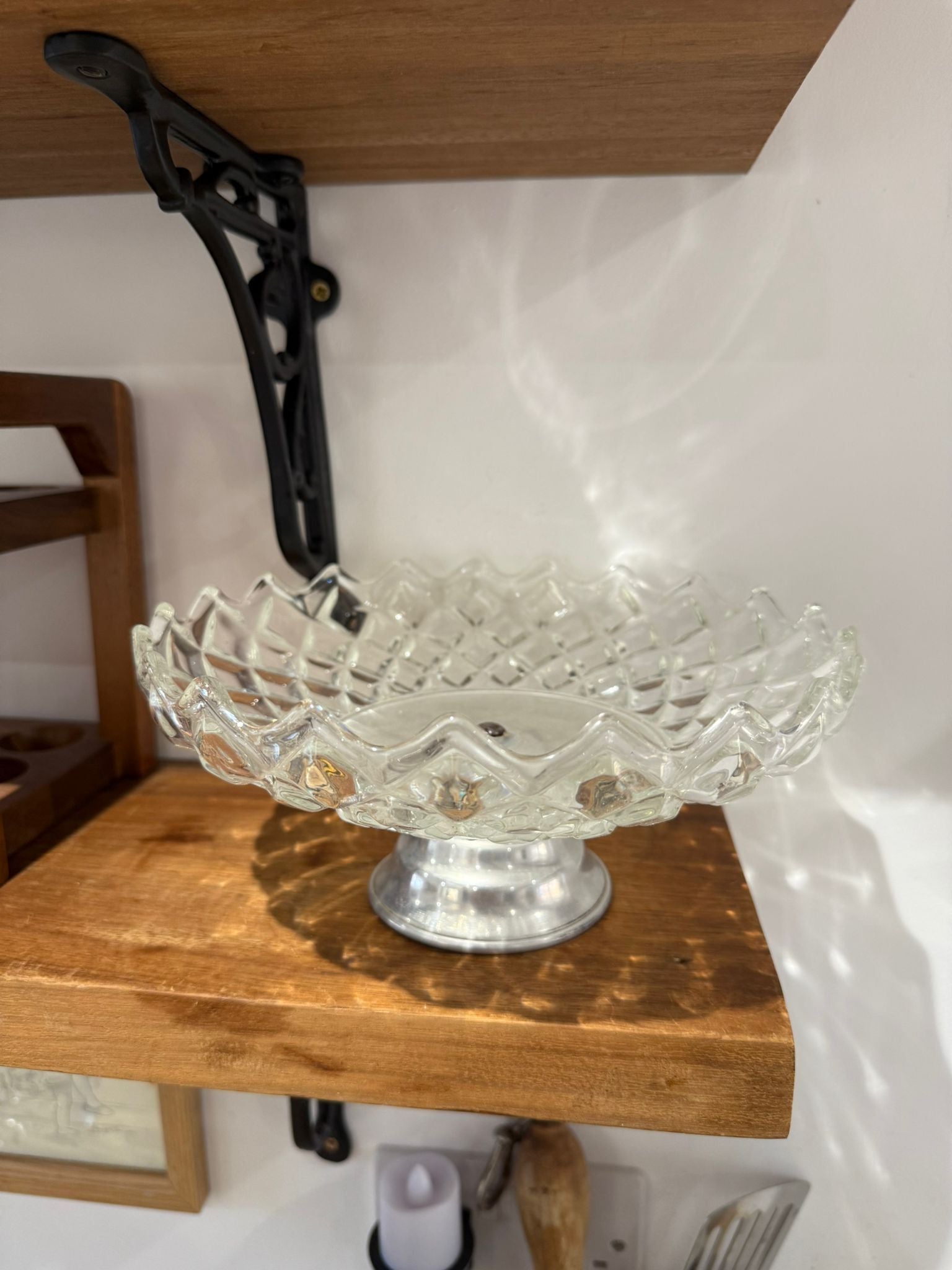 Pressed Glass Pedestal Bowl with Metal Base