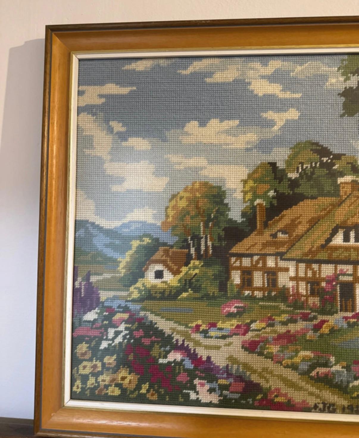 Framed Vintage Needlepoint Cottage Scene