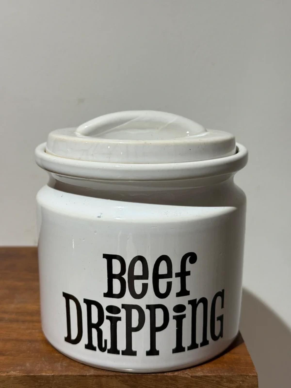 Vintage decor, food storage jar, beef dripping one of kind lidded jar white