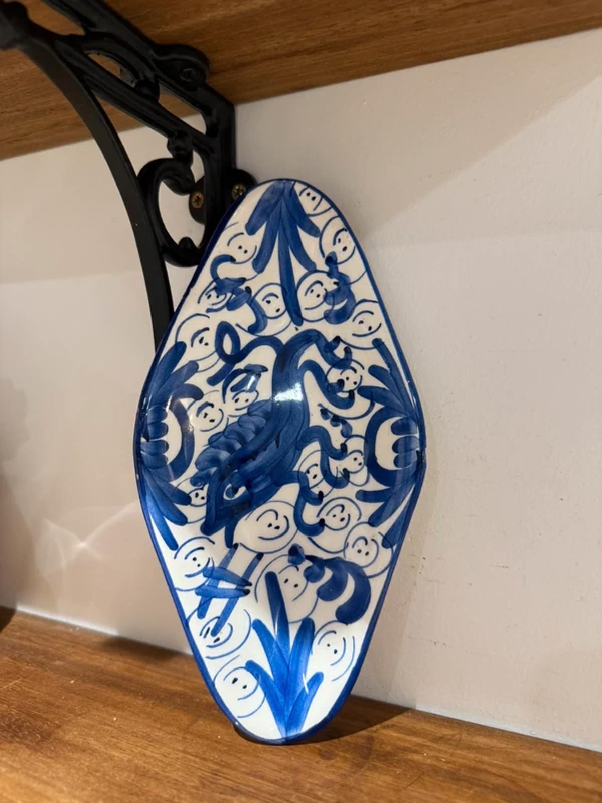 Vintage side plate spoon rest kitchen home decor blue white hand painted