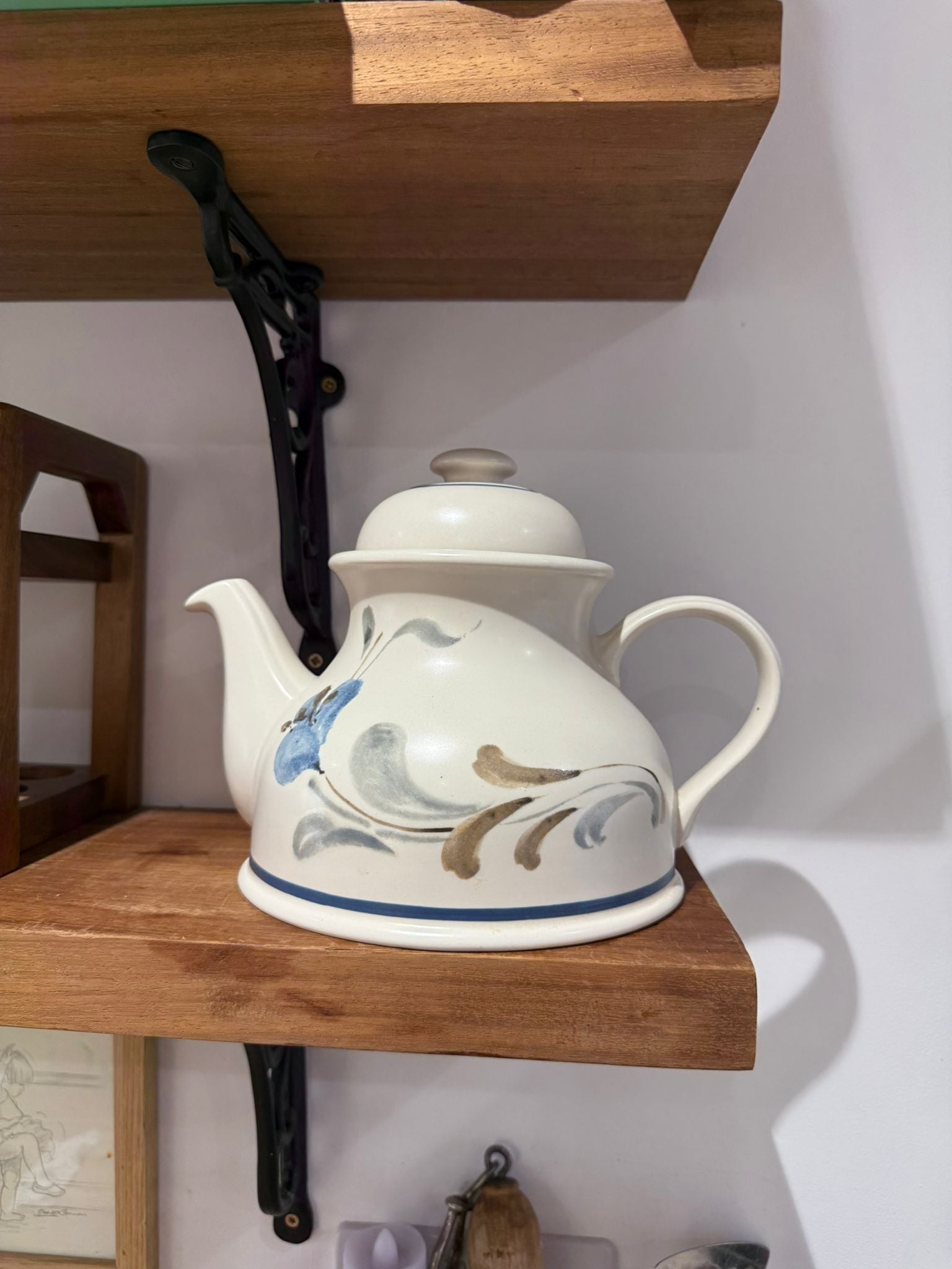 Hand-Painted Stoneware Teapot with Blue & Neutral Motif