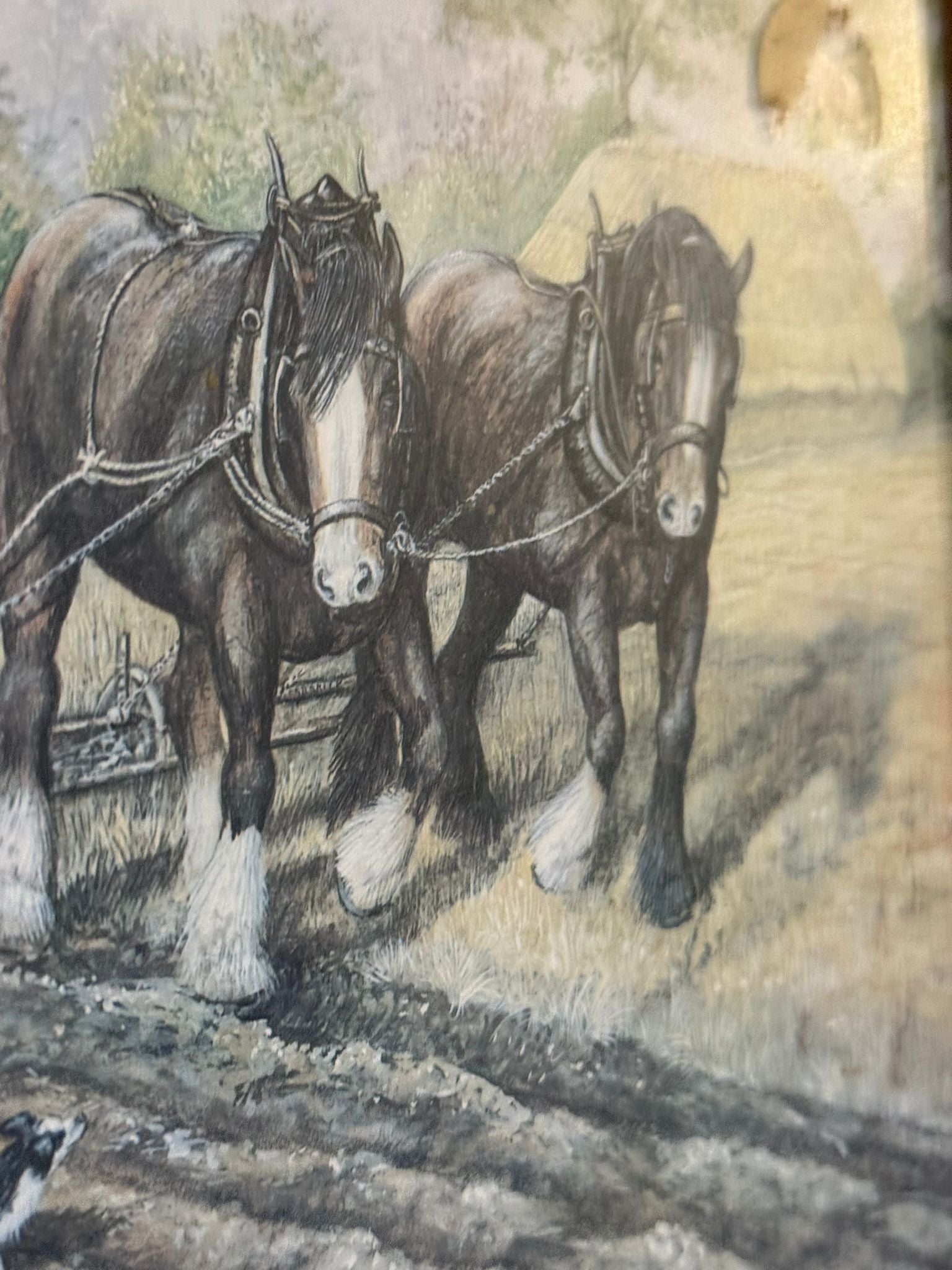 Vintage Framed Farming Horses Field Ploughing Countryside Print