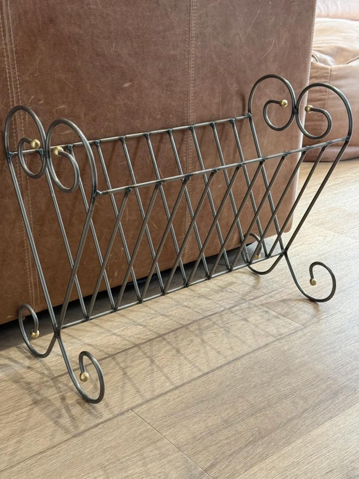 Vintage cast iron metal silver gold large magazine rack one of a kind country home decor