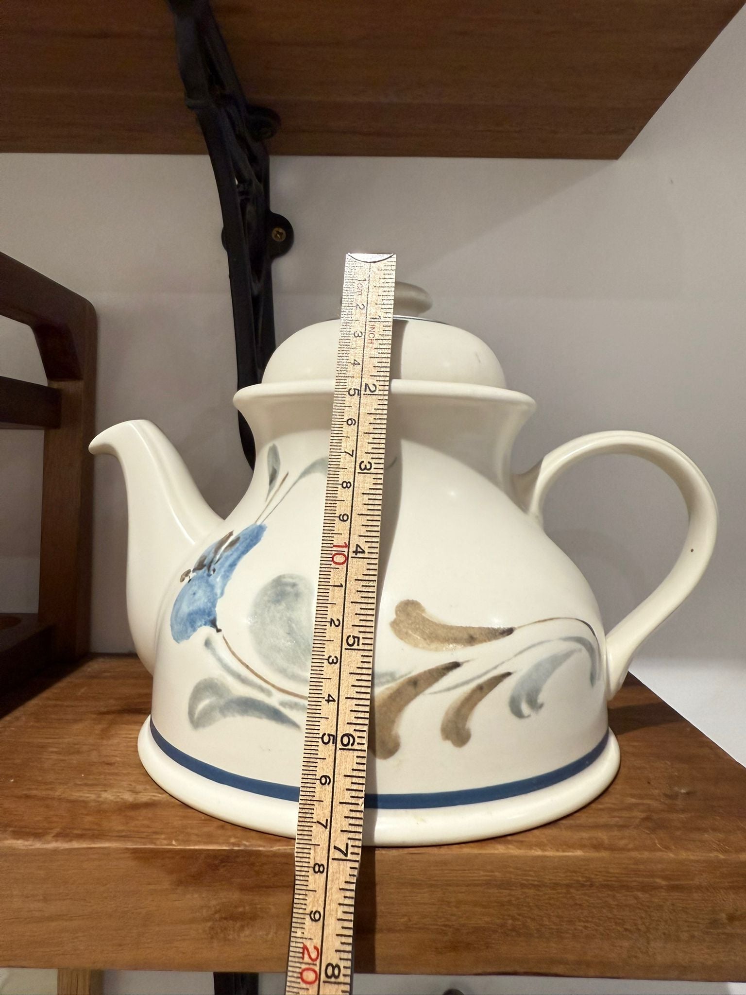 Hand-Painted Stoneware Teapot with Blue & Neutral Motif