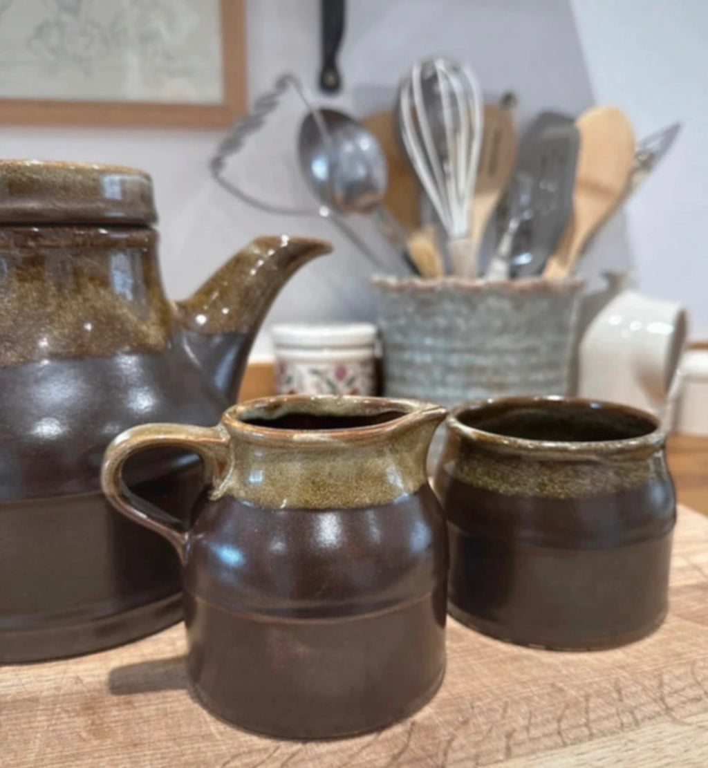 Vintage Green Pottery Tea Pot / Jug / Bowl Set