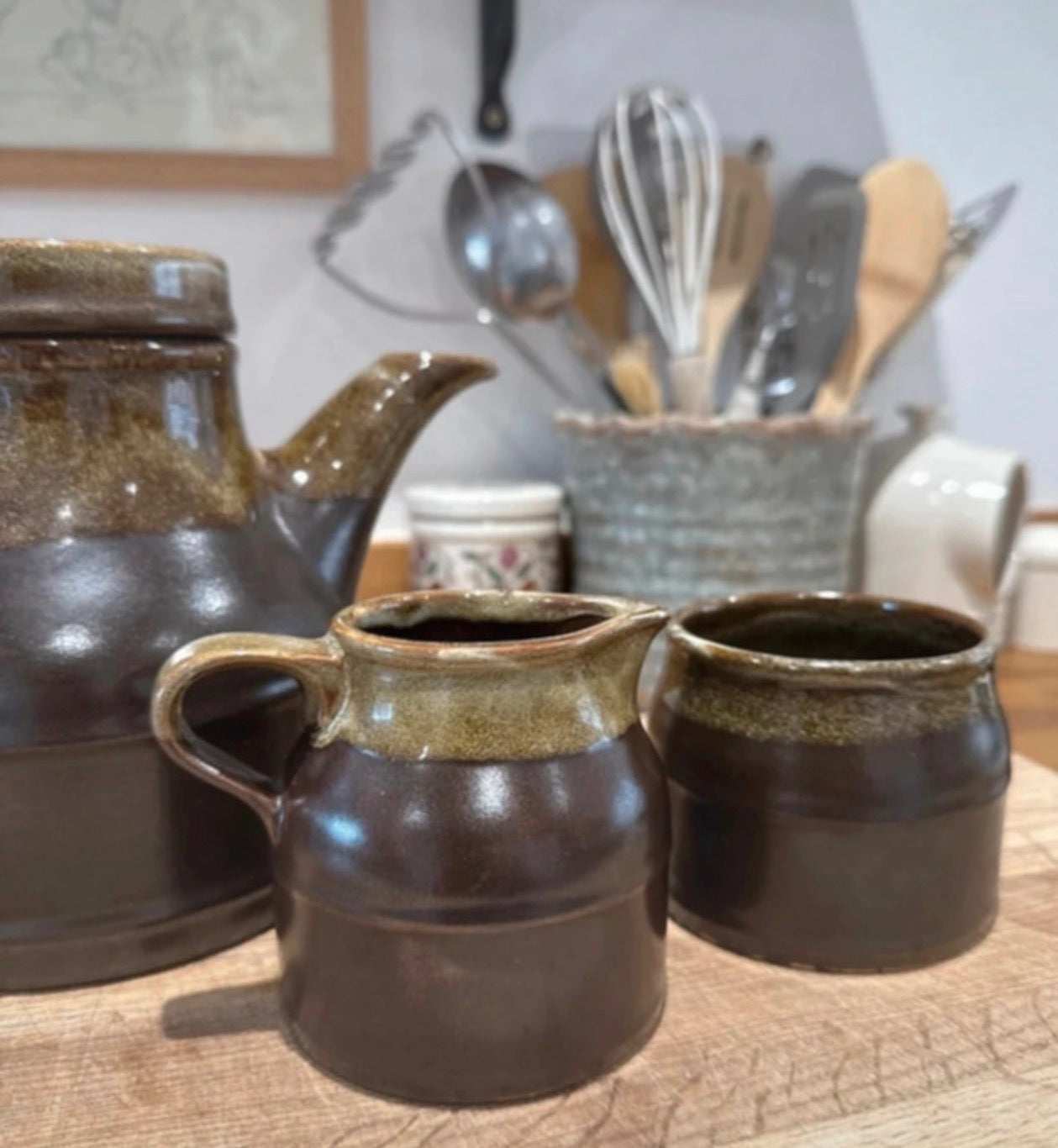 Vintage Green Pottery Tea Pot / Jug / Bowl Set