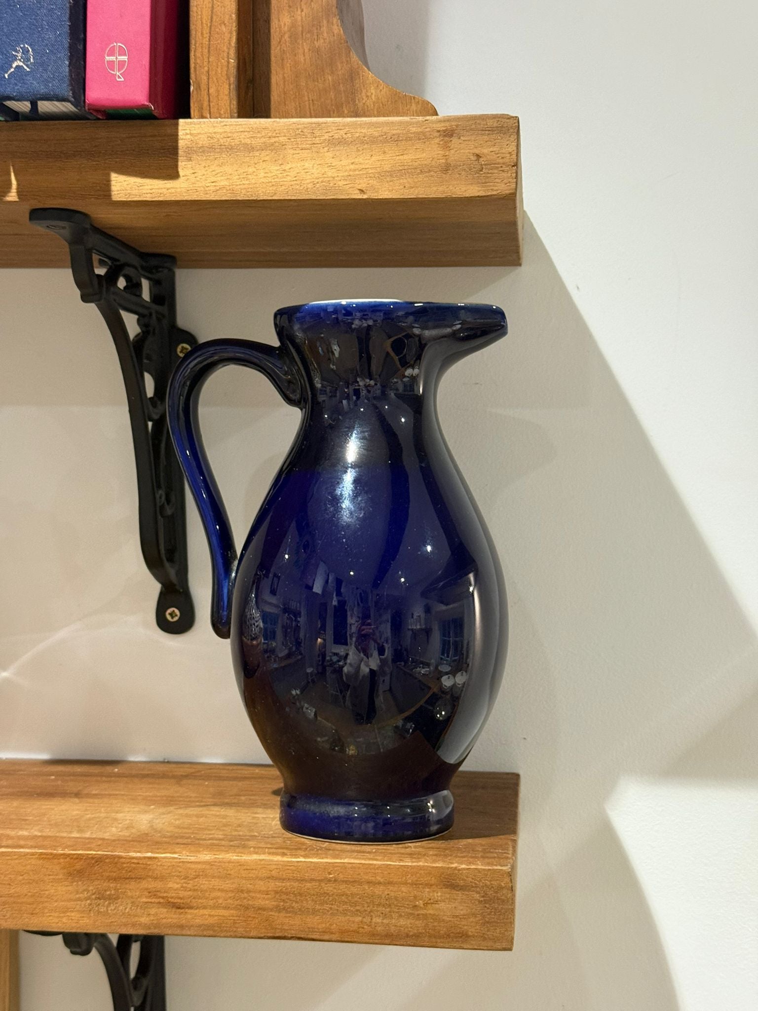 Vintage Cobalt Blue Ceramic Jug Vase with Yellow Interior