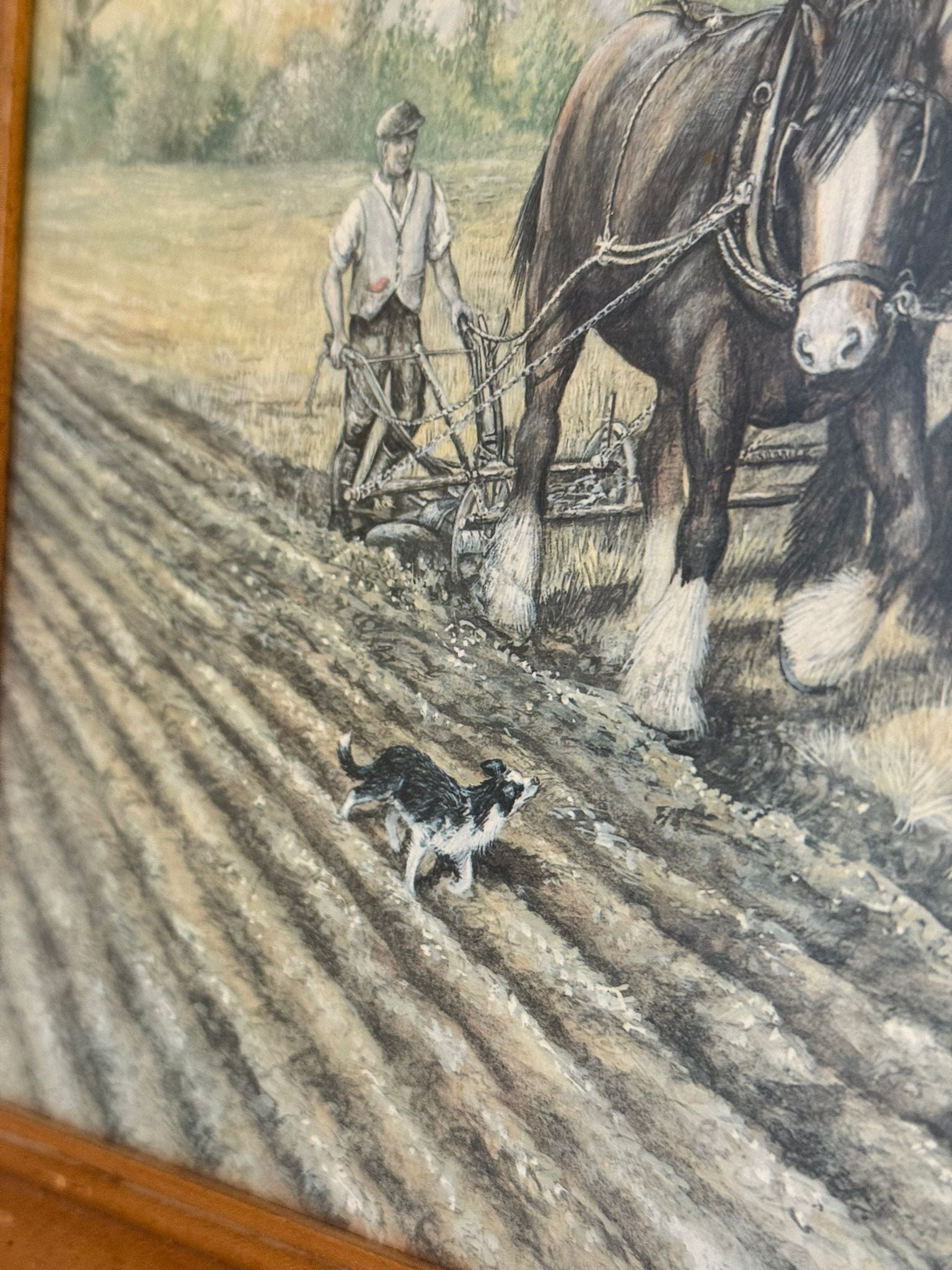 Vintage Framed Farming Horses Field Ploughing Countryside Print