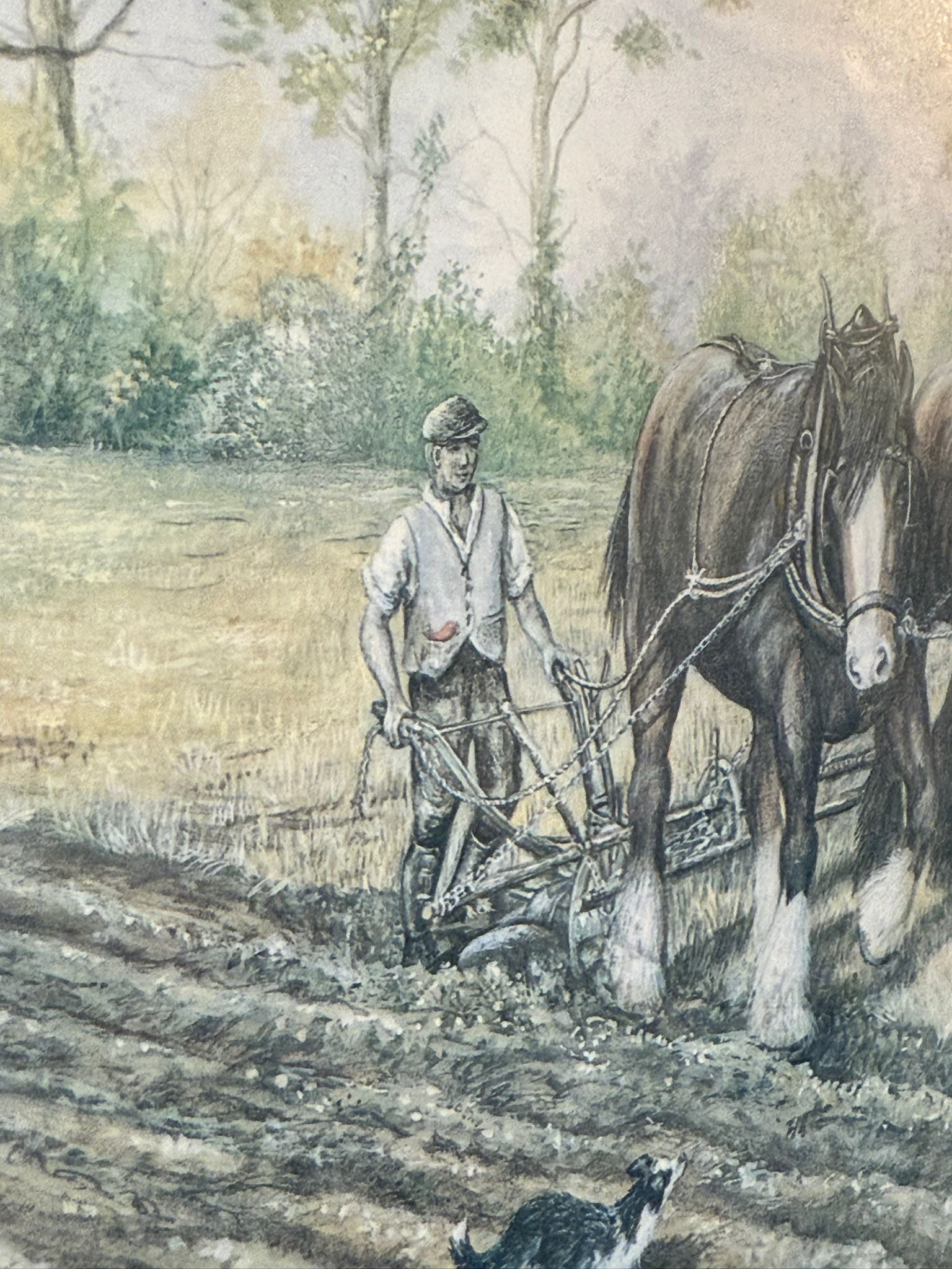 Vintage Framed Farming Horses Field Ploughing Countryside Print