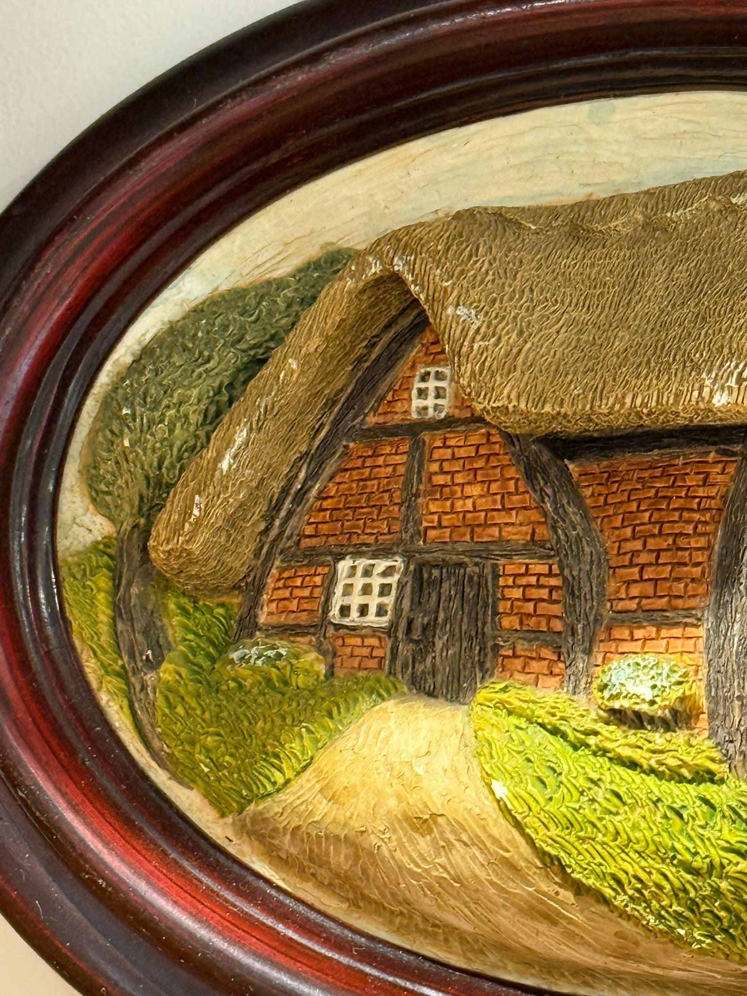 Vintage Hand Painted Cottage Relief Wall Plaque in Oval Wood Frame
