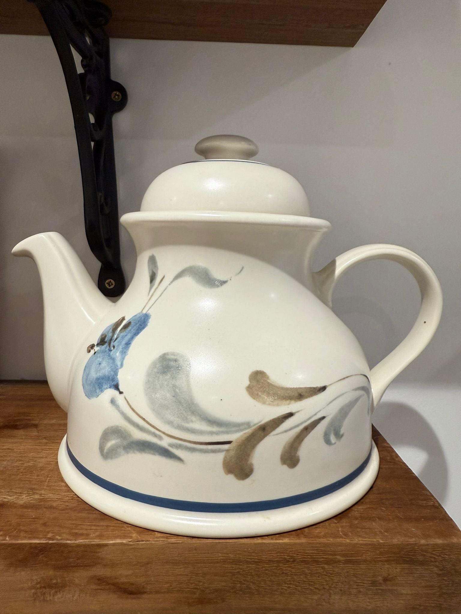 Hand-Painted Stoneware Teapot with Blue & Neutral Motif