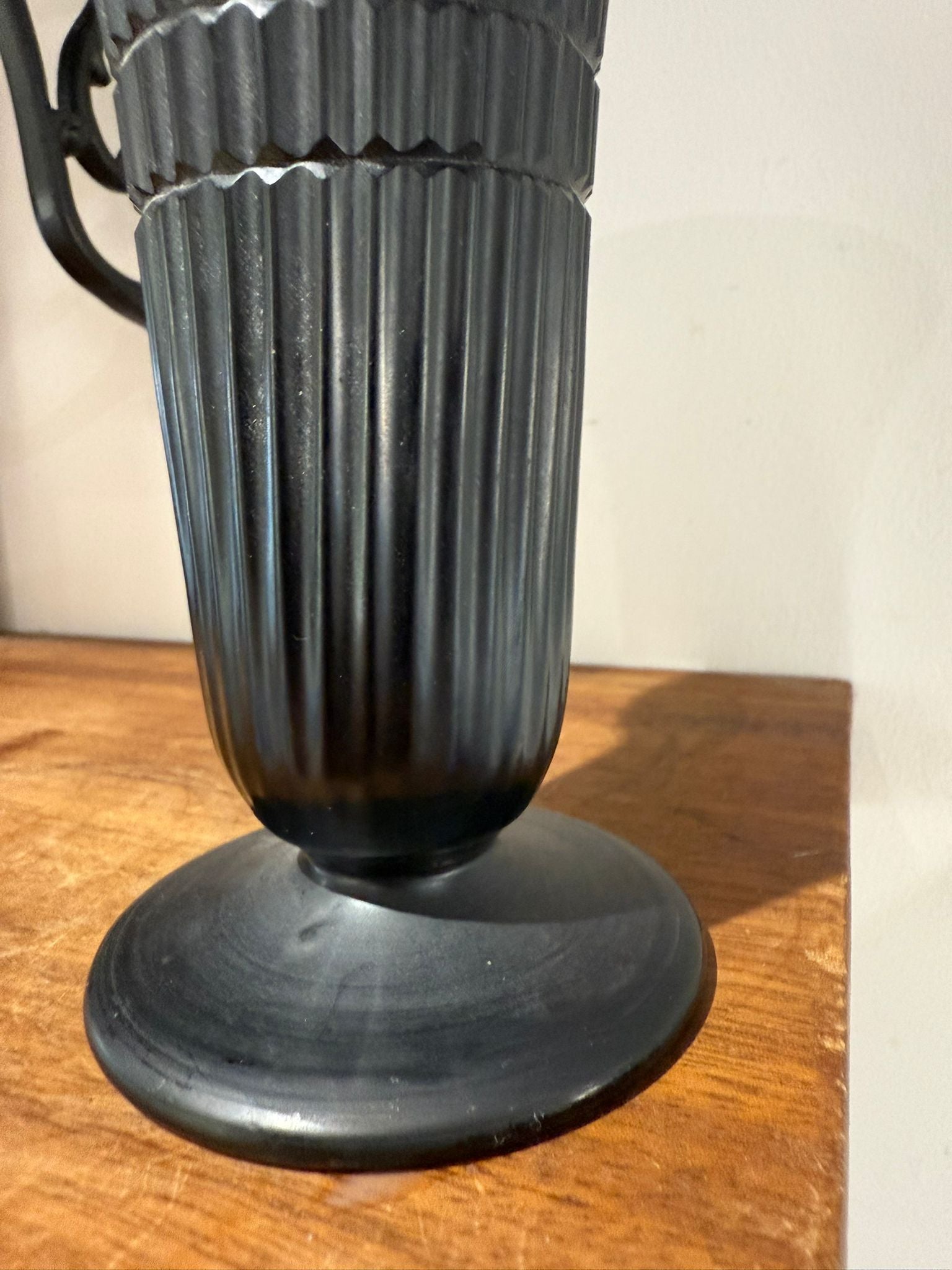 Black Ribbed Glass Vase with Pedestal Base – Art Deco Style