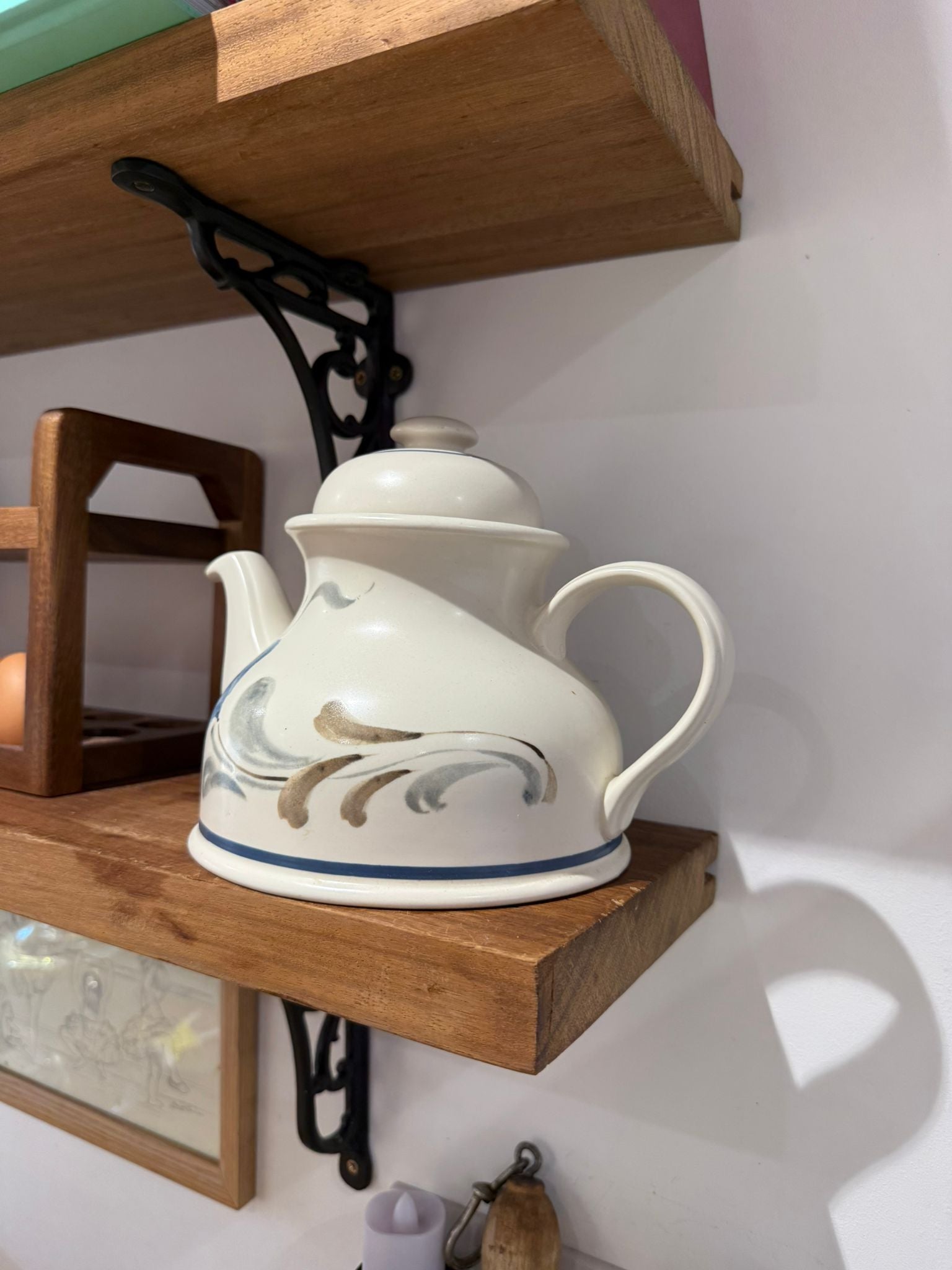 Hand-Painted Stoneware Teapot with Blue & Neutral Motif