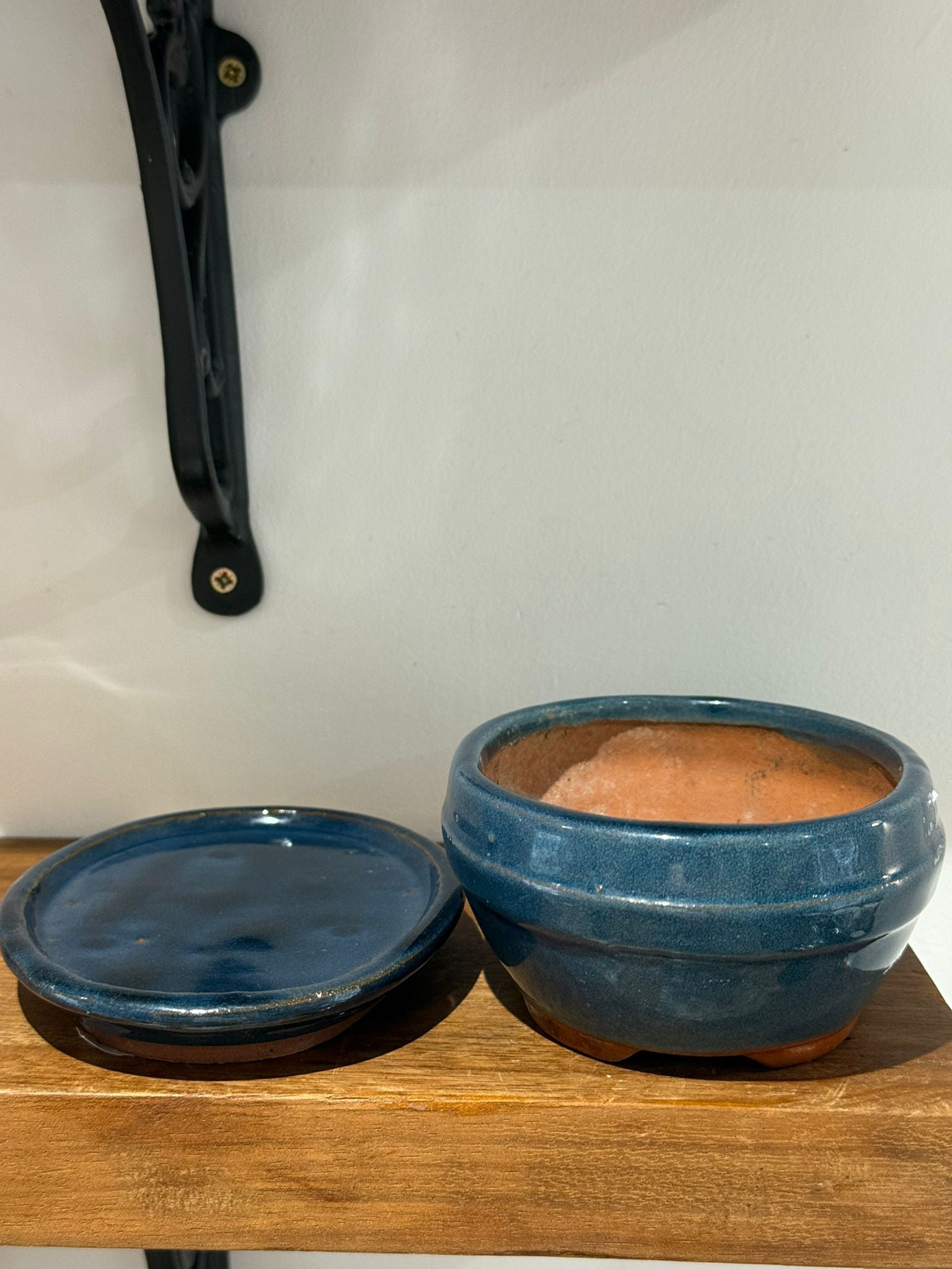 Vintage Blue Glazed Ceramic Plant Pot with Matching Drip Tray Handmade