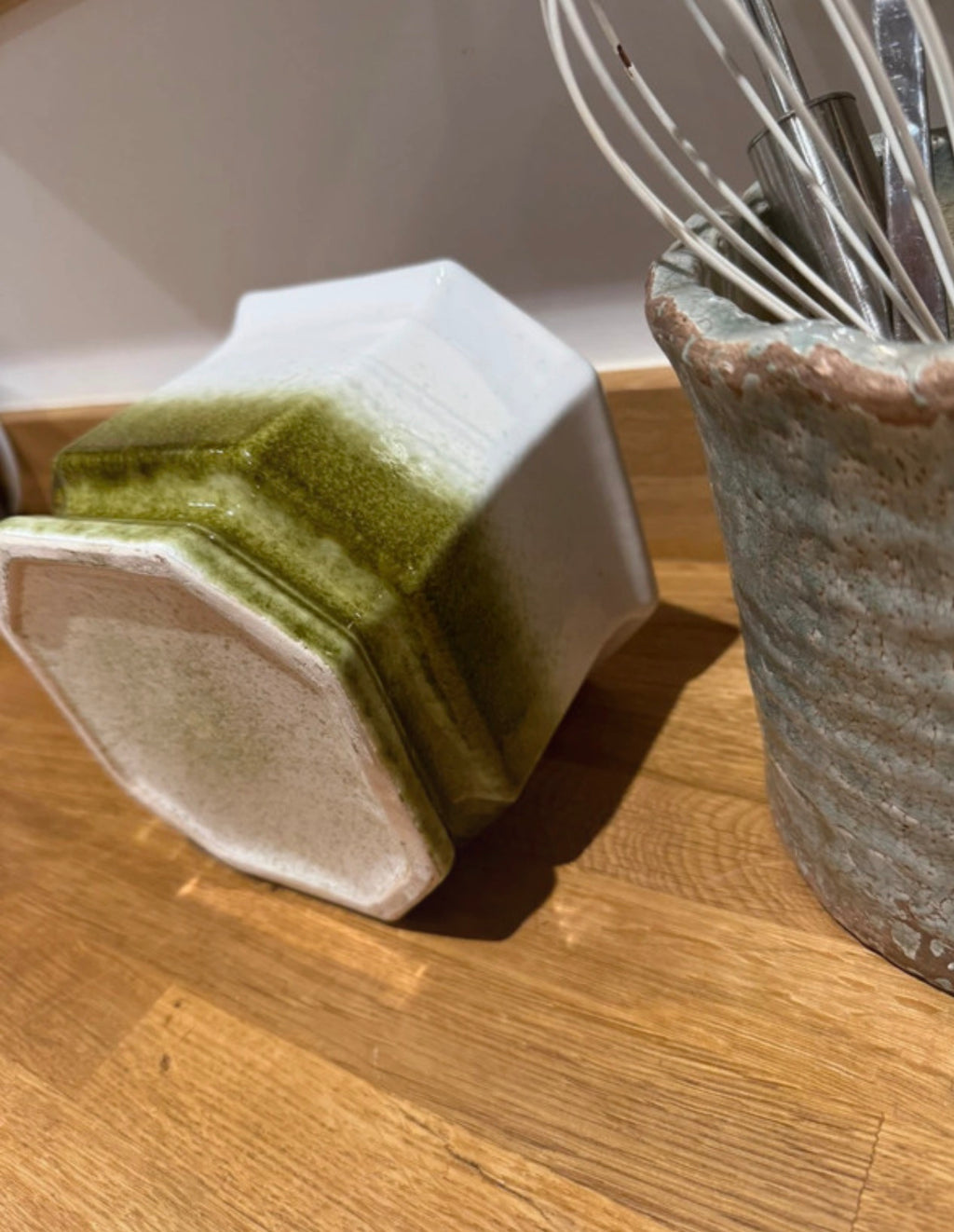 Vintage lime green & white square potted plant