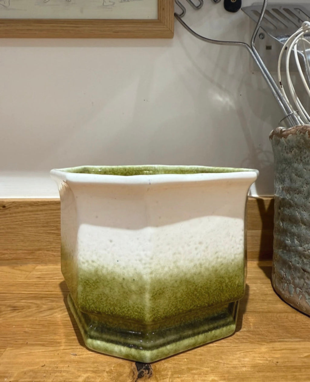 Vintage lime green & white square potted plant