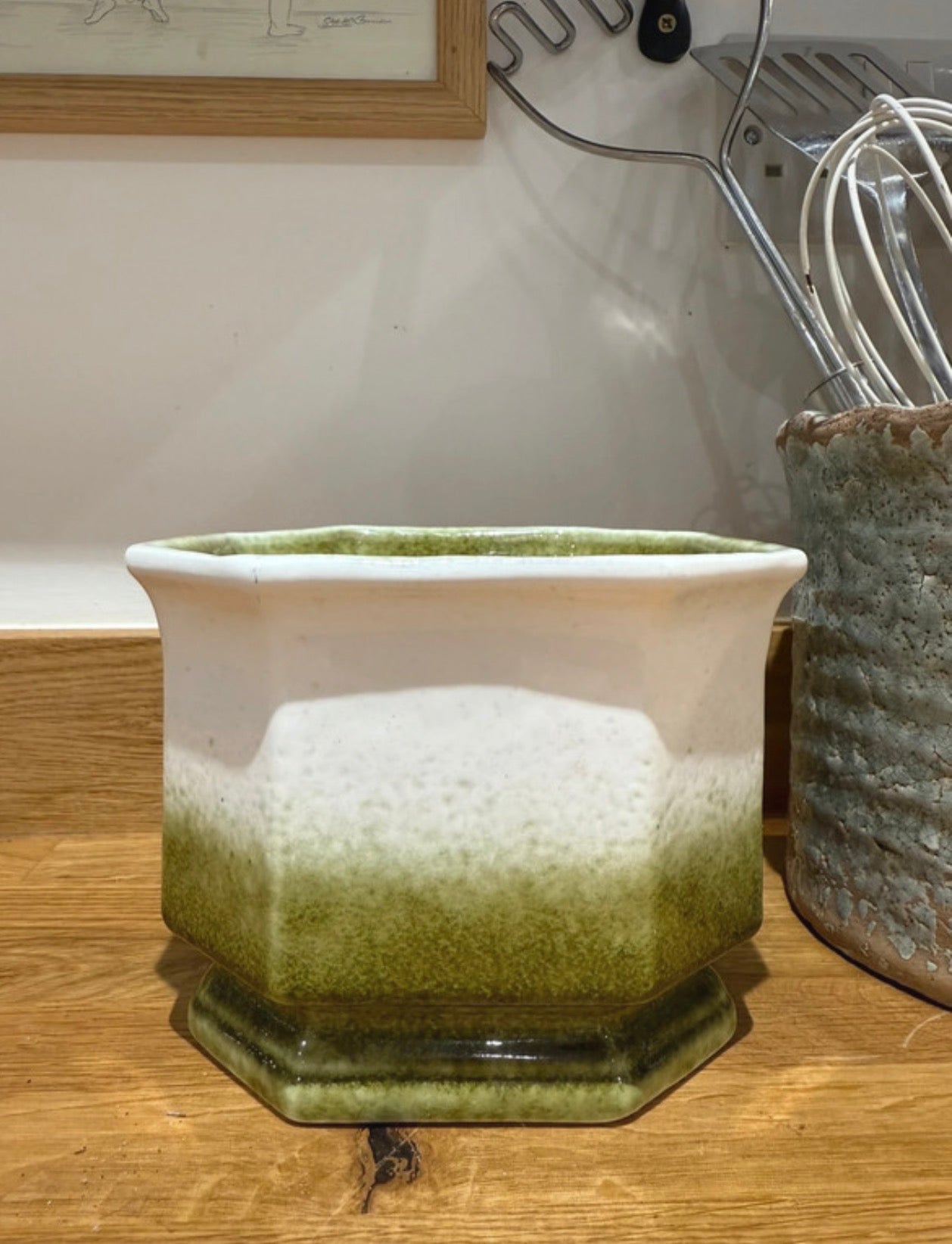 Vintage lime green & white square potted plant