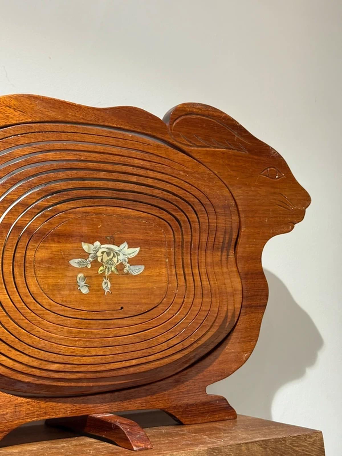 vintage hand-carved wooden collapsible basket shaped rabbit  hare.