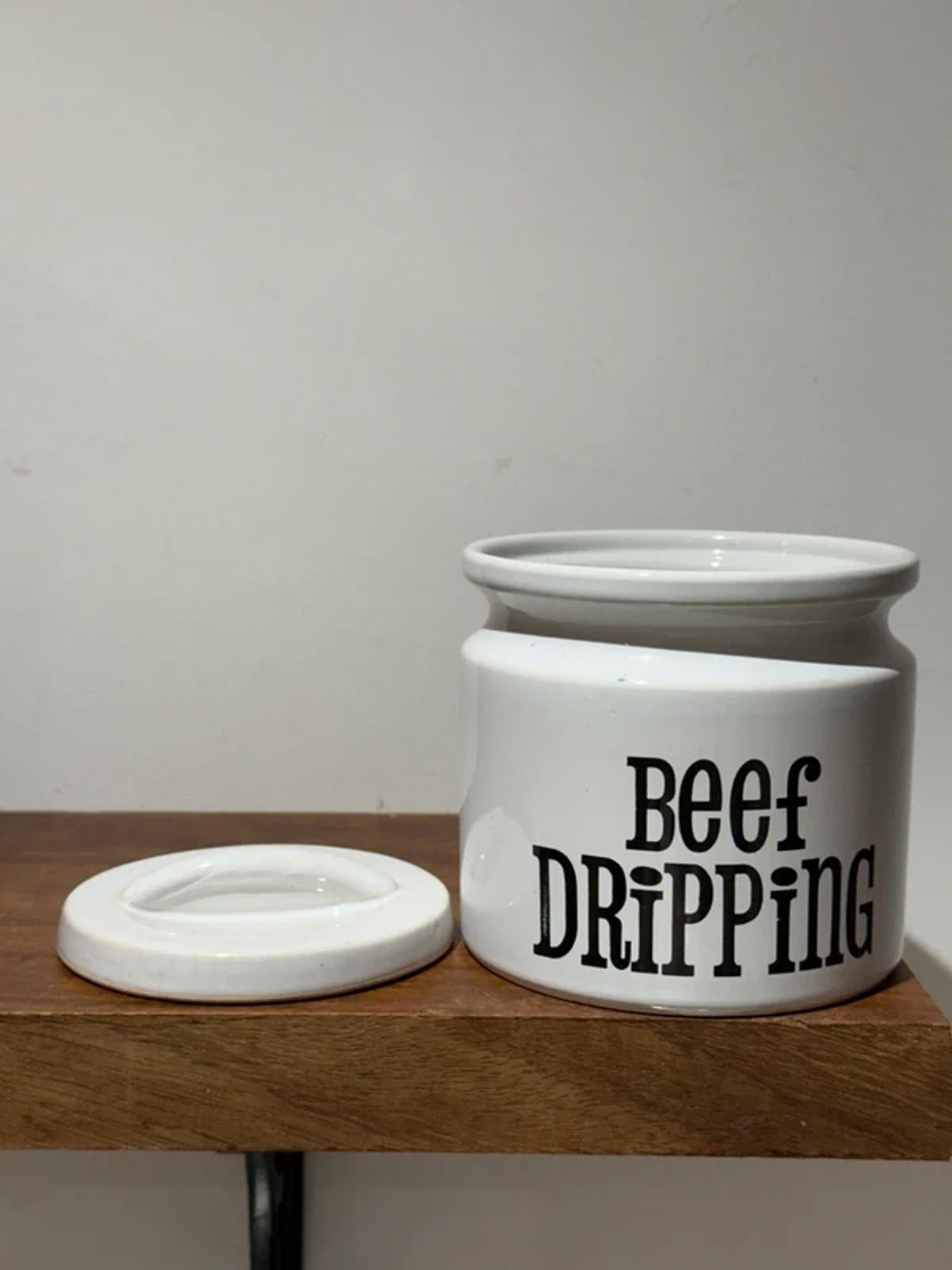 Vintage decor, food storage jar, beef dripping one of kind lidded jar white
