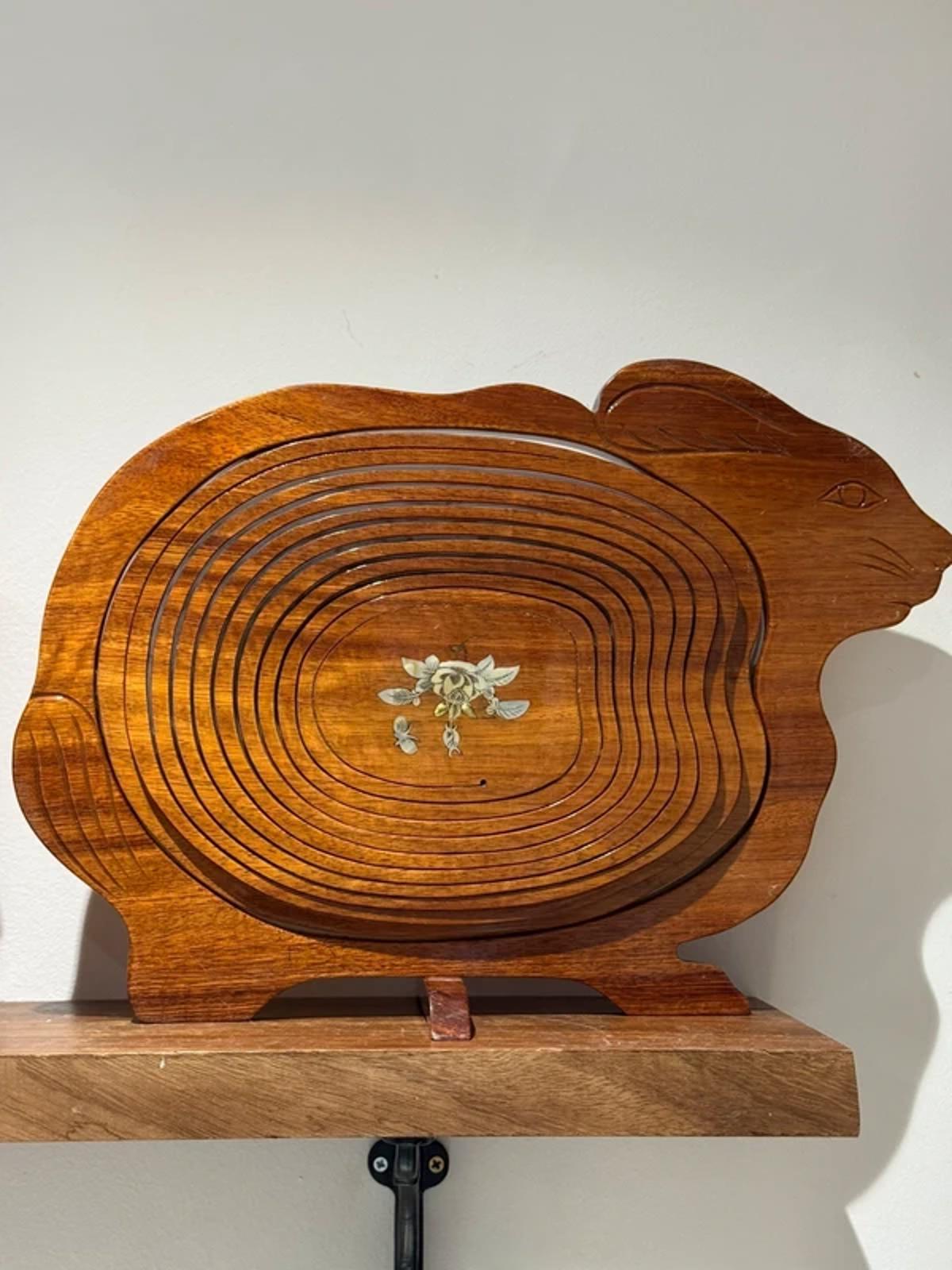 vintage hand-carved wooden collapsible basket shaped rabbit  hare.