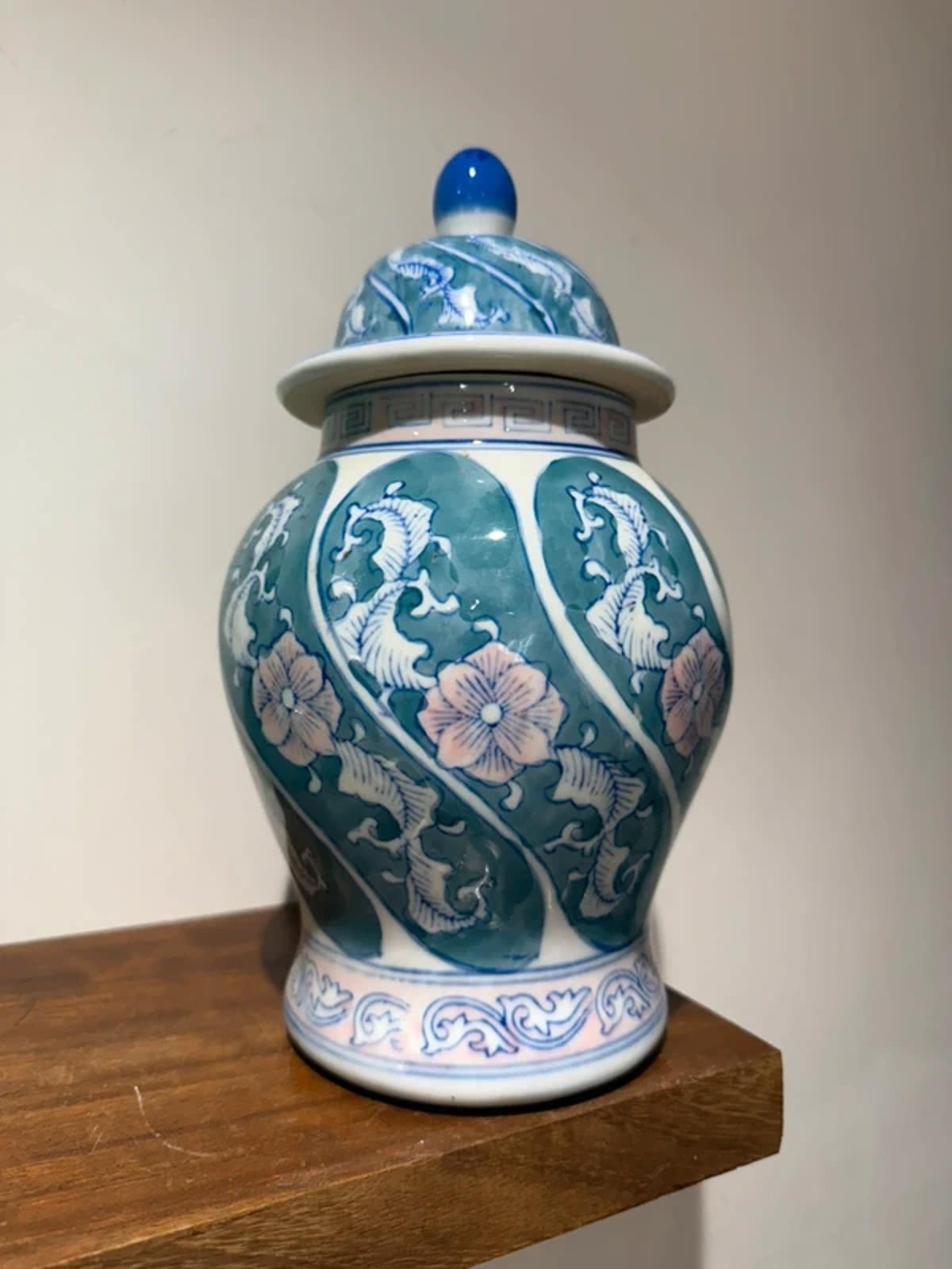vintage Chinese porcelain ginger jar hand-painted floral motifs in blue, green, and pink colors