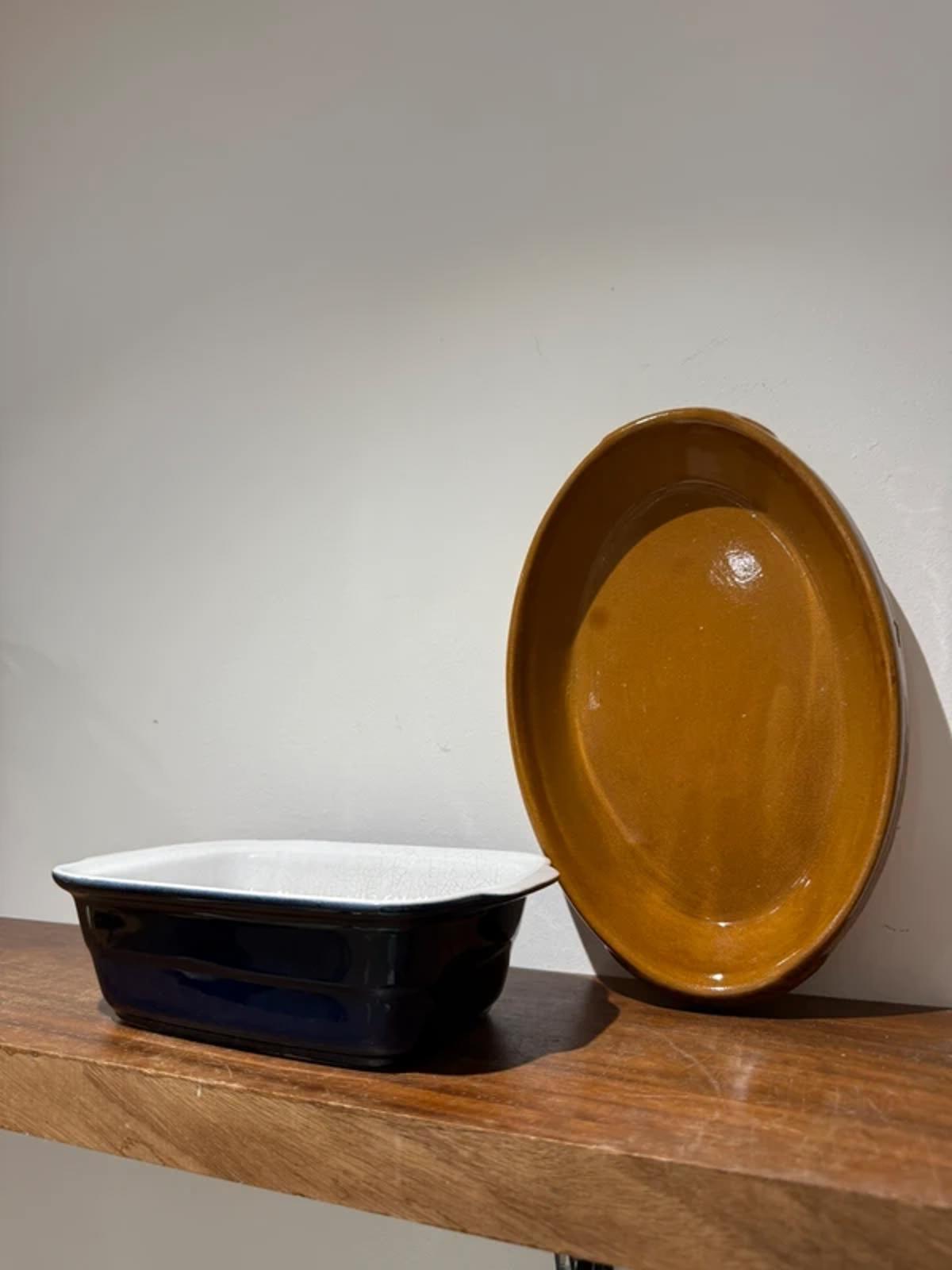 Vintage navy blue mustard kitchen decor oven dishes lasagne pie, baking baking trays, one of a kind