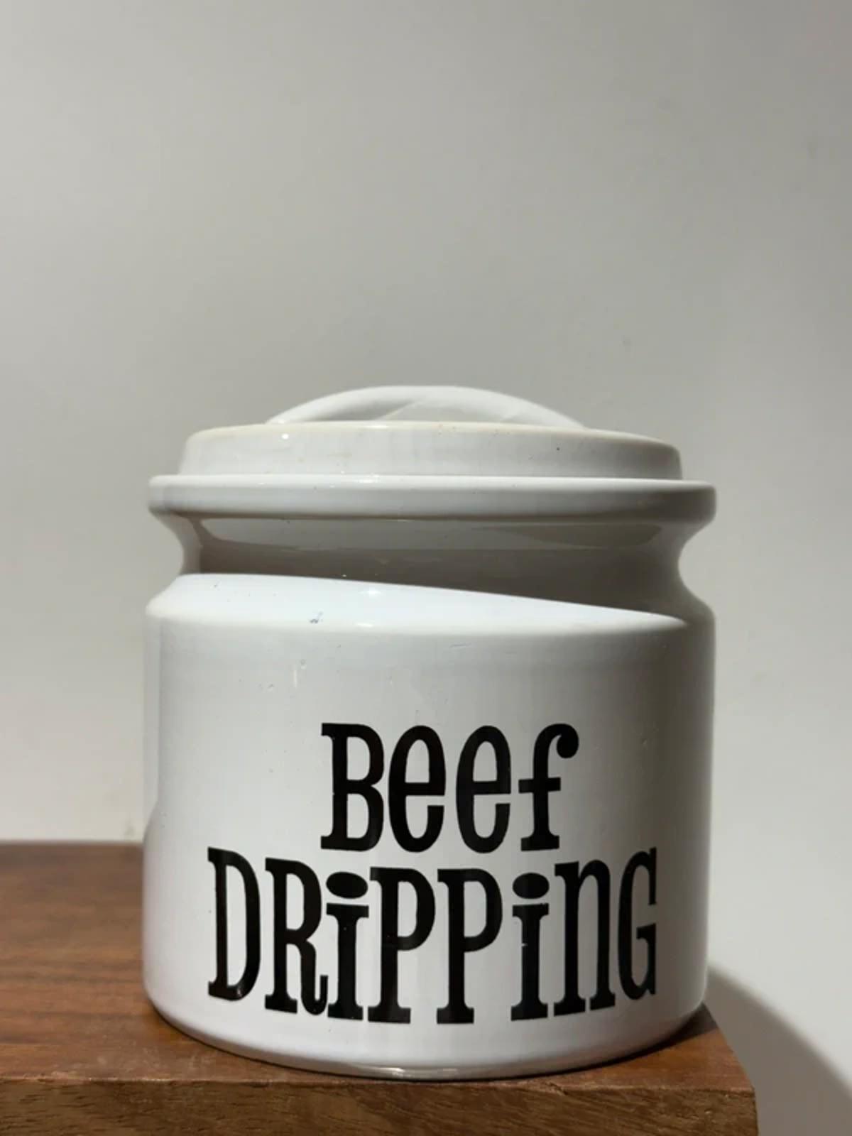 Vintage decor, food storage jar, beef dripping one of kind lidded jar white