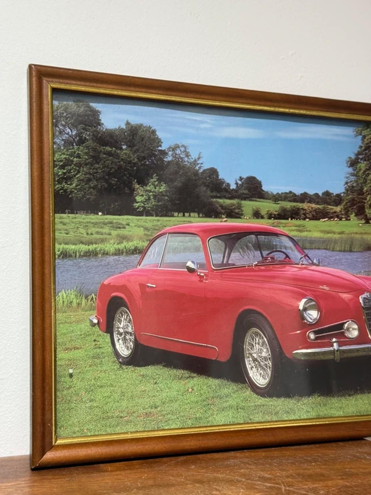 Vintage reclined framed artwork, red sports car country home decor
