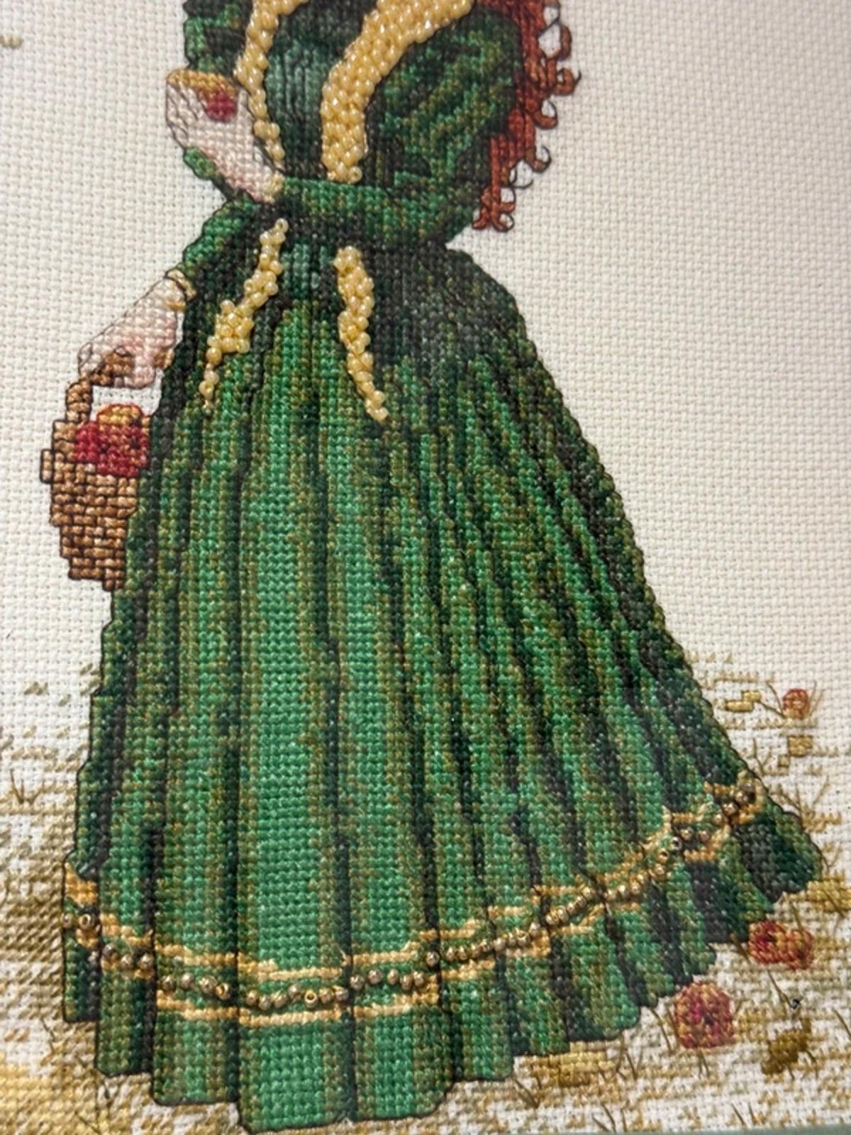 Vintage handstitched cross stitched beaded framed artwork wall hanging decor