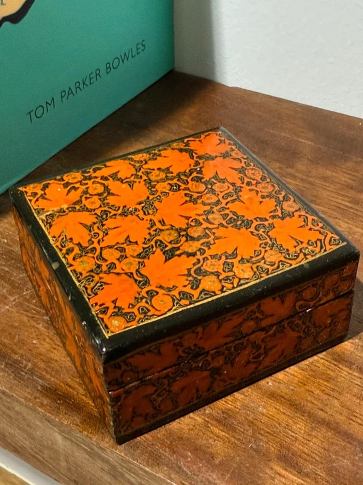 Vintage trinket basket orange black leaf print dressing table home decor