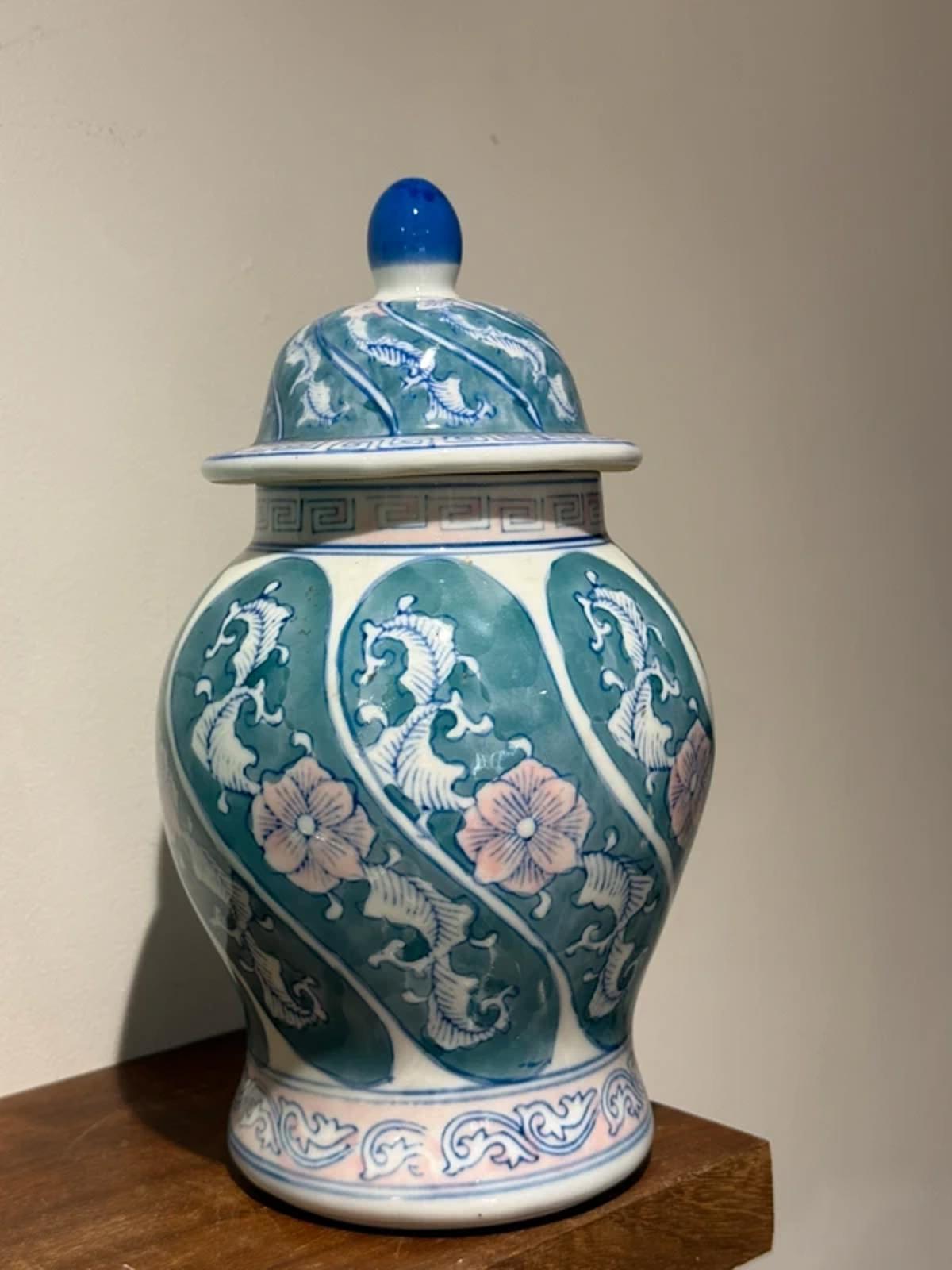 vintage Chinese porcelain ginger jar hand-painted floral motifs in blue, green, and pink colors