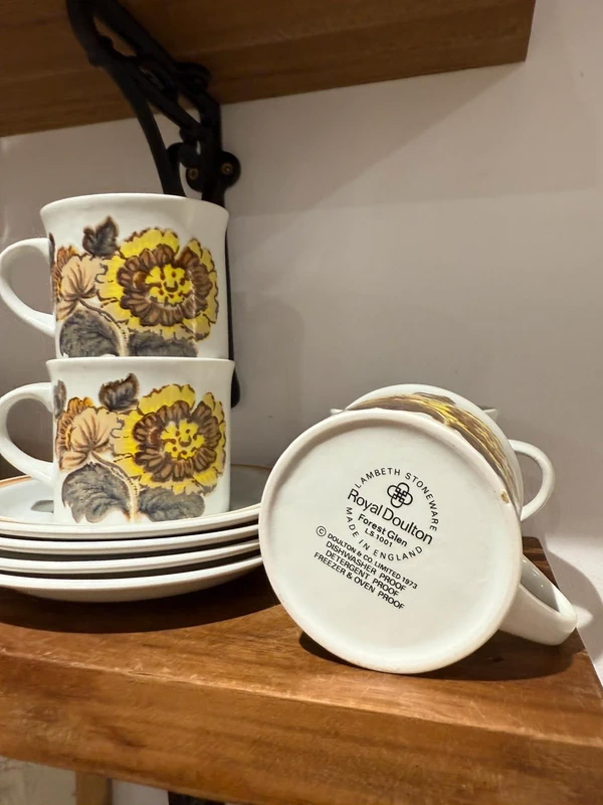 Vintage set of 3 royal doulton floral retro brown mustard tea cup mugs and saucers