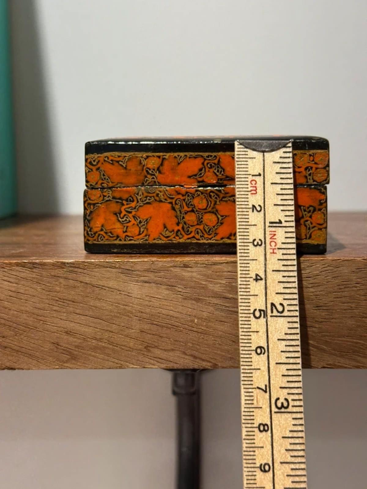 Vintage trinket basket orange black leaf print dressing table home decor