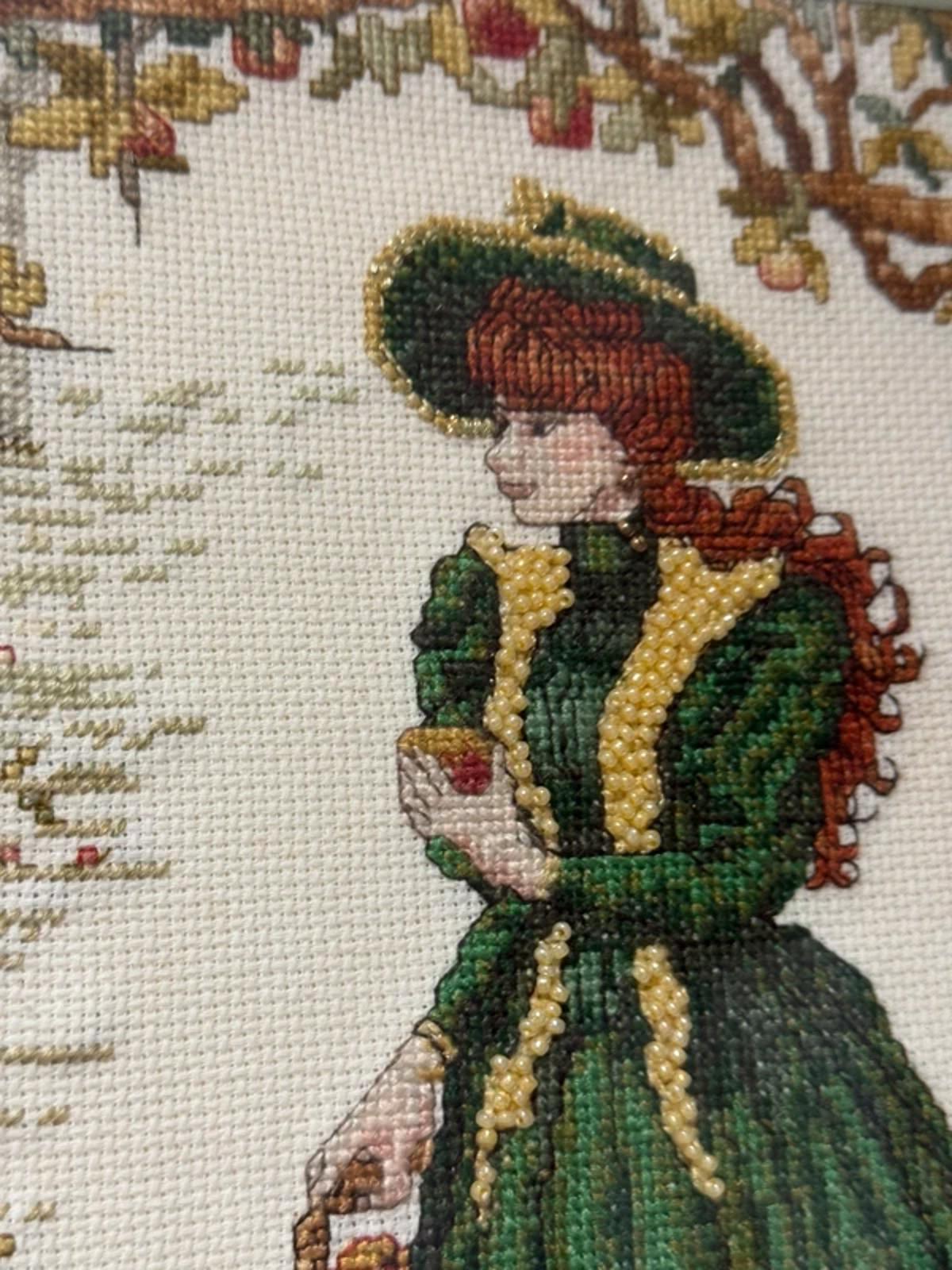 Vintage handstitched cross stitched beaded framed artwork wall hanging decor